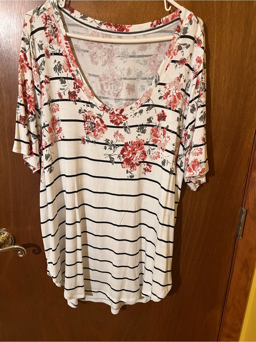 Maurices Cream V-Neck Top with Red Floral & Black Stripes